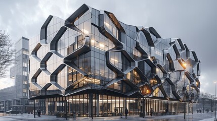 A geometrically complex office building with a tessellated exterior.
