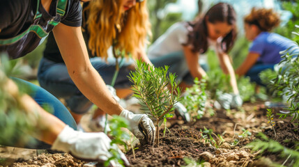Naklejka premium Community Hands Planting Young Tree in Soil.