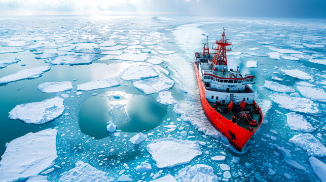 Icebreaker Ship Navigating Through Arctic Ice Fields.