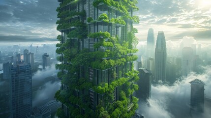 Obraz premium A futuristic office tower with integrated solar panels and green walls.
