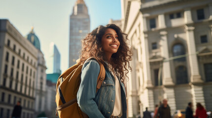 Obraz premium beautiful indian woman with backpack smiling and standing in front of beautiful building