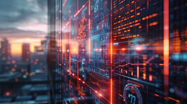 A futuristic office tower with a facade composed of smart glass that displays data and graphics.