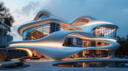 A futuristic office building with shape-shifting capabilities.