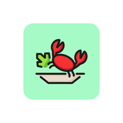 Line icon of plate with fresh crab. Crab meat, seafood, fried crab. Dish concept. For topics like food, menu, cuisine