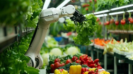 A robot is picking up a head of lettuce in a grocery store