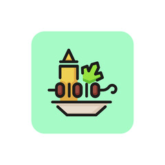 Line icon of plate with kebab and sauce. Shish kebab, shashlik, barbeque. Meal concept. For topics like national cuisine, food, menu
