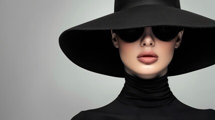  A woman dons a black hat, a black dress, and wears sunglasses, concealing her face