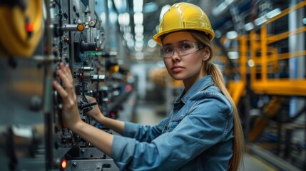 A female engineer operating a panel that controls multiple factory machines.