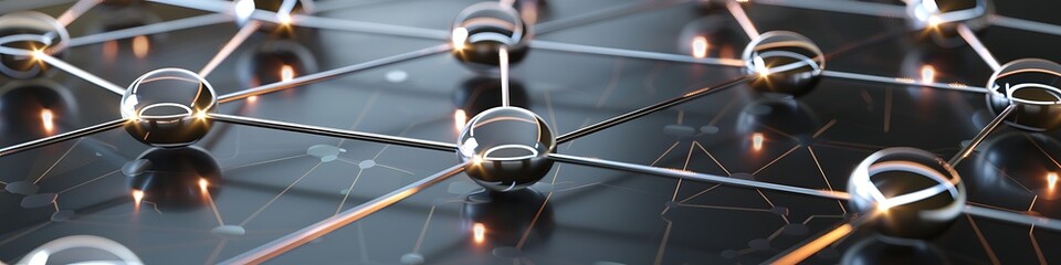 A futuristic network design featuring nodes in glowing silver connected by pulsating metallic lines on a graphite background