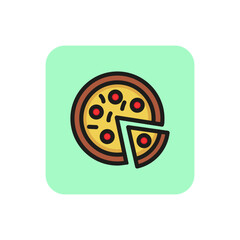 Line icon of top view of pizza with slice. Italian food, pizzeria, meal. Dish concept. For topics like food, national cuisine, menu