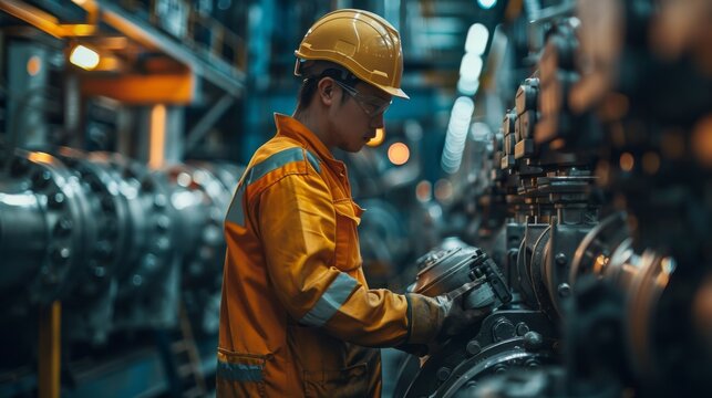 A factory mechanic checking the oil level in heavy machinery.