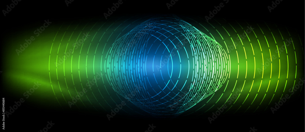 Poster a waterinspired visual effect lighting display featuring a blue and green sound wave on a black back