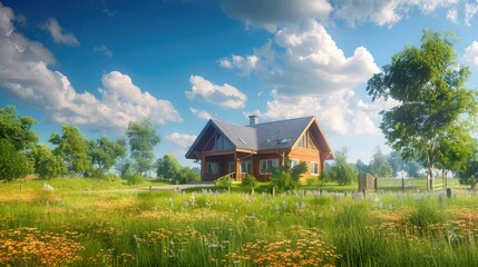 Fototapeta na wymiar House in the meadow with blue sky and white clouds background, Construction in nature environment ,Photo of a house in the countryside with a beautiful landscape