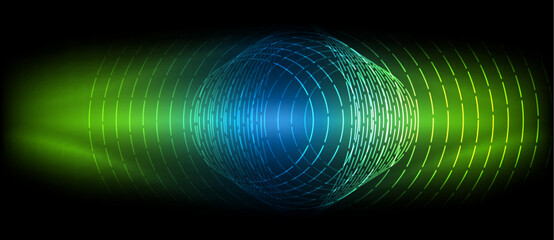 Fototapeta premium A waterinspired visual effect lighting display featuring a blue and green sound wave on a black background, resembling electric blue and magenta tints and shades in an artistic circle design