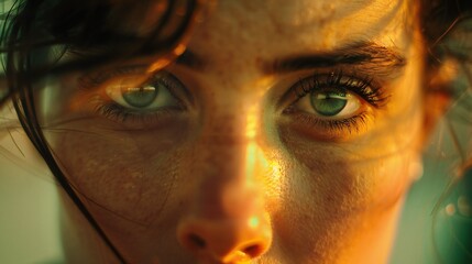 A close-up photo of a woman with the focus on her eye and sharp details of her face.