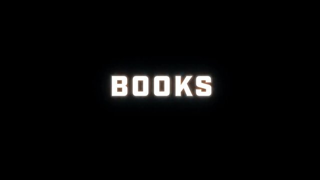4K text reveal of the word books" on a black background. The letters rise up letter by letter and are then surrounded by a subtle neon glow with animation behind, ending with a fade to black.