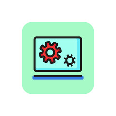 Computer monitor with gears line icon. Tool, setting, laptop. PC service concept. Can be used for topics like data processing, digital technology, maintenance