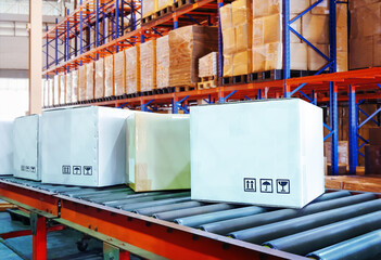 Package Boxes Moving on Conveyor Belt at Distribution Warehouse. Cartons, Parcels Boxes....