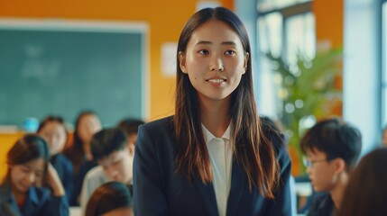 A female teacher engages students in a lesson and creates an interactive learning environment in a classroom.