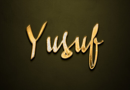 Old gold text effect of Arabic name Yusuf with 3D glossy style Mockup	