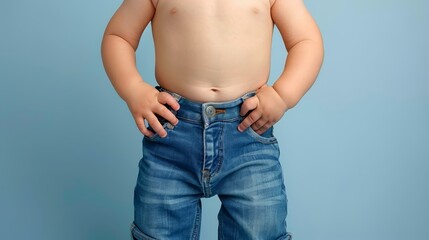 Naklejka premium A toddler in blue jeans and red shoes faces a blue backdrop