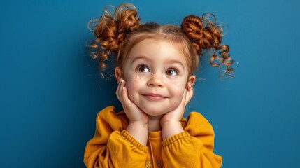  A little girl with freckles dotting her face, not her hair, poses for a picture with hands shielding it