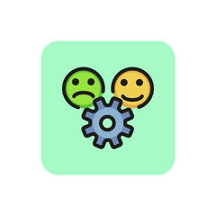 Emoticons with gear line icon. Positive, negative, cogwheel. Digital technology concept. Can be used for topics like app development, guideline, feedback