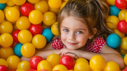 Fototapeta na wymiar A little girl sits in a ball pit surrounded by numerous colored balls, gazing up at the camera