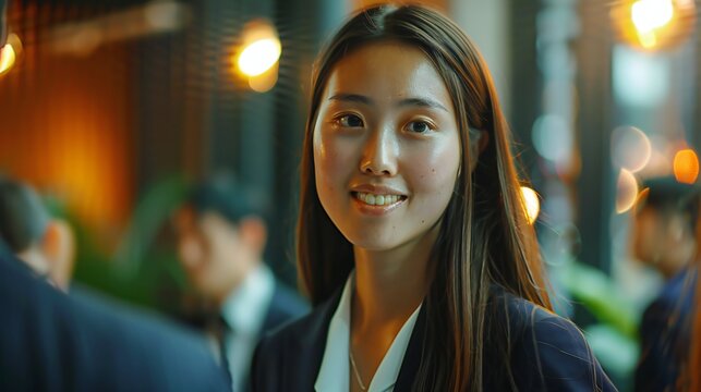 Businesswoman attends a networking event, mingling with industry professionals and building valuable connections for future collaborations.