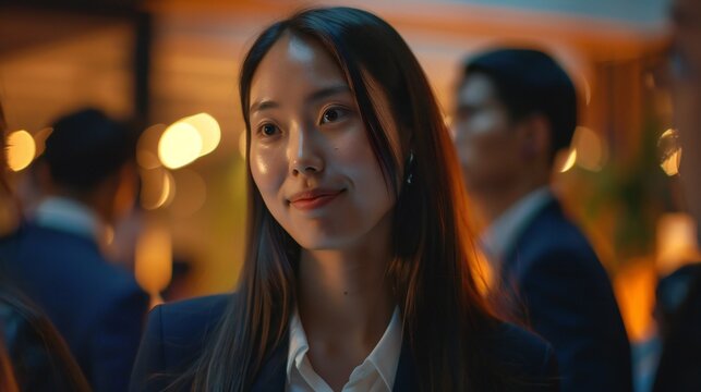 Businesswoman attends a networking event, mingling with industry professionals and building valuable connections for future collaborations.