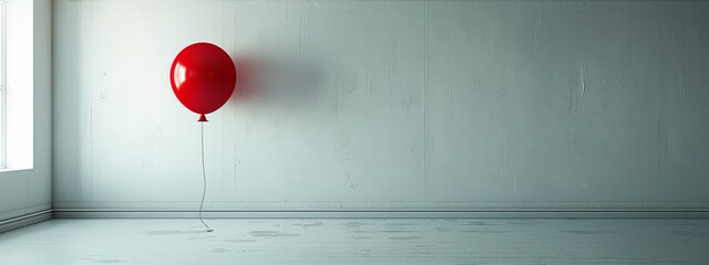 A plain white wall with a lone, small, red balloon floating near the top.