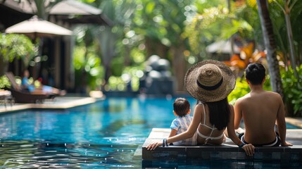 A family consisting of parents and two children sitting on the edge of a pool at a resort, enjoying the sunny day together