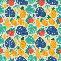 a vibrant pattern with tropical fruits and leaves, including pineapples, bananas