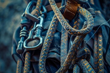 A bunch of ropes are hanging together, some of them are orange and some are blue - Powered by Adobe