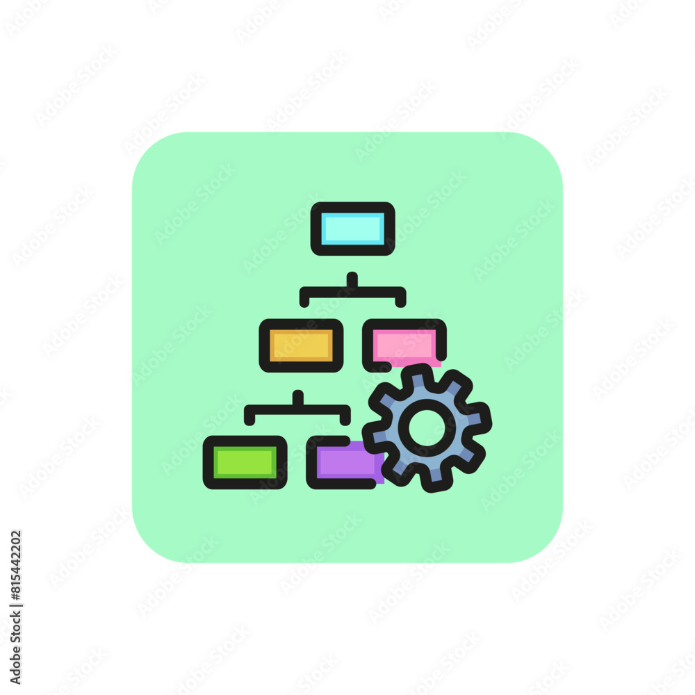 Poster hierarchy chart with gear line icon. flowchart, cogwheel, scheme. digital technology concept. can be
