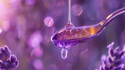 A spoonful of honey drips from a spoon into a purple flower