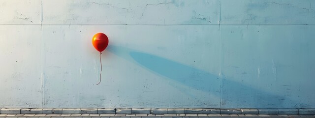 A plain white wall with a lone, small, red balloon floating near the top.