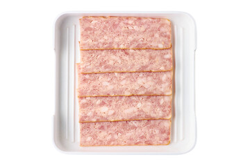 Top view of Bacon ham placed in a white tray isolated on white background.