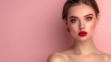  A woman's face with a red lipstick and a bun