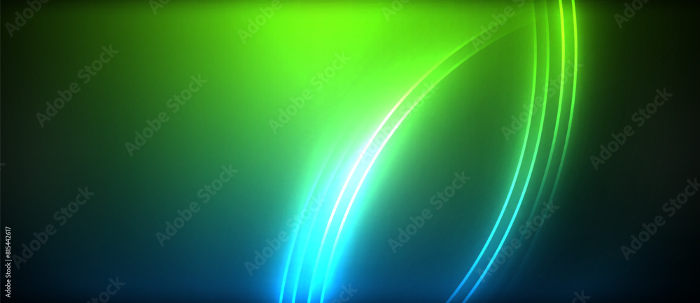 Poster an electric blue and neon green glowing circle on a dark background, resembling a wave of liquid or 