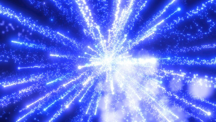 Blue festive bright energy magical fireworks salute explosion with light rays lines and energy particles. Abstract background