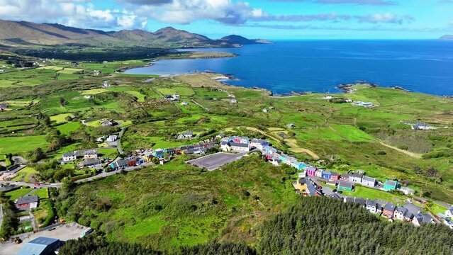 Drone landscape the stunning landscape of the Beara Peninsula in West Cork Ireland,colourful Eyreies village ablaze of vibrant colour in a beautiful landscape