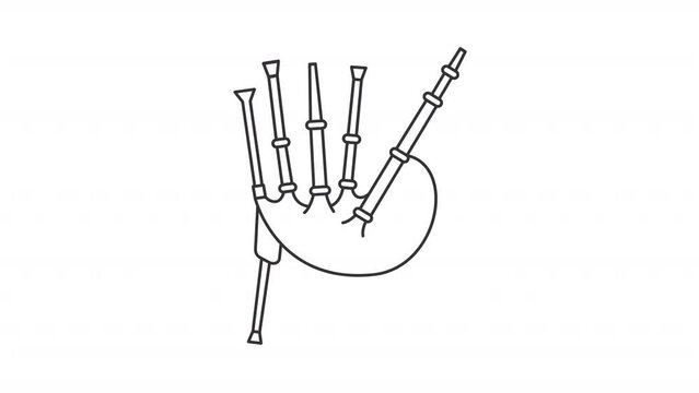 Animated bagpipes icon. National music instrument line animation. Pipes moving. Folk sound, heritage. Black illustration on white background. HD video with alpha channel. Motion graphic