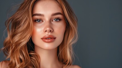 Naklejka premium A tight shot of a woman's face with long, wavy, blonde hair framing it, and blue eyeshadow accentuating her striking blue eyes