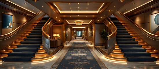 The Grandeur of a Yacht s Elegant Corridor Showcasing Plush Carpets Captivating Lighting and Exquisite Artwork