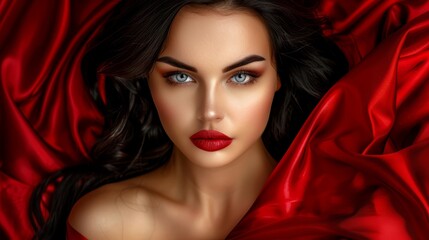 Fototapeta premium A painting of a woman in a red dress and blue eyes Her head is covered by a red satin fabric