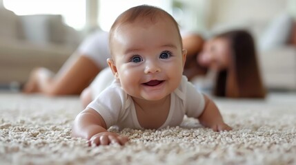 Fototapeta premium A baby lies on the floor in front of a woman, who rests with her feet on the carpet