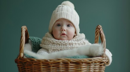  A baby in a white knit hat and scarf is nestled in a wicker basket, adorned with a white fur pom-pom