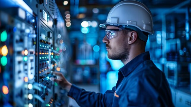 A close-up of an engineer programming a smart grid for factory energy management.