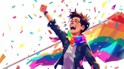 LGBT pride, Happy gay man celebrating with a rainbow flag. Celebration of Joy with Colorful Confetti
